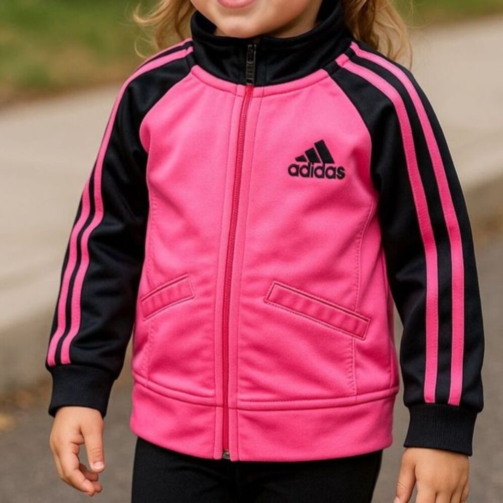 Adidas Girls 3T Pink Black 3 Stripes Track Jacket Full Zip Athletic Toddler
